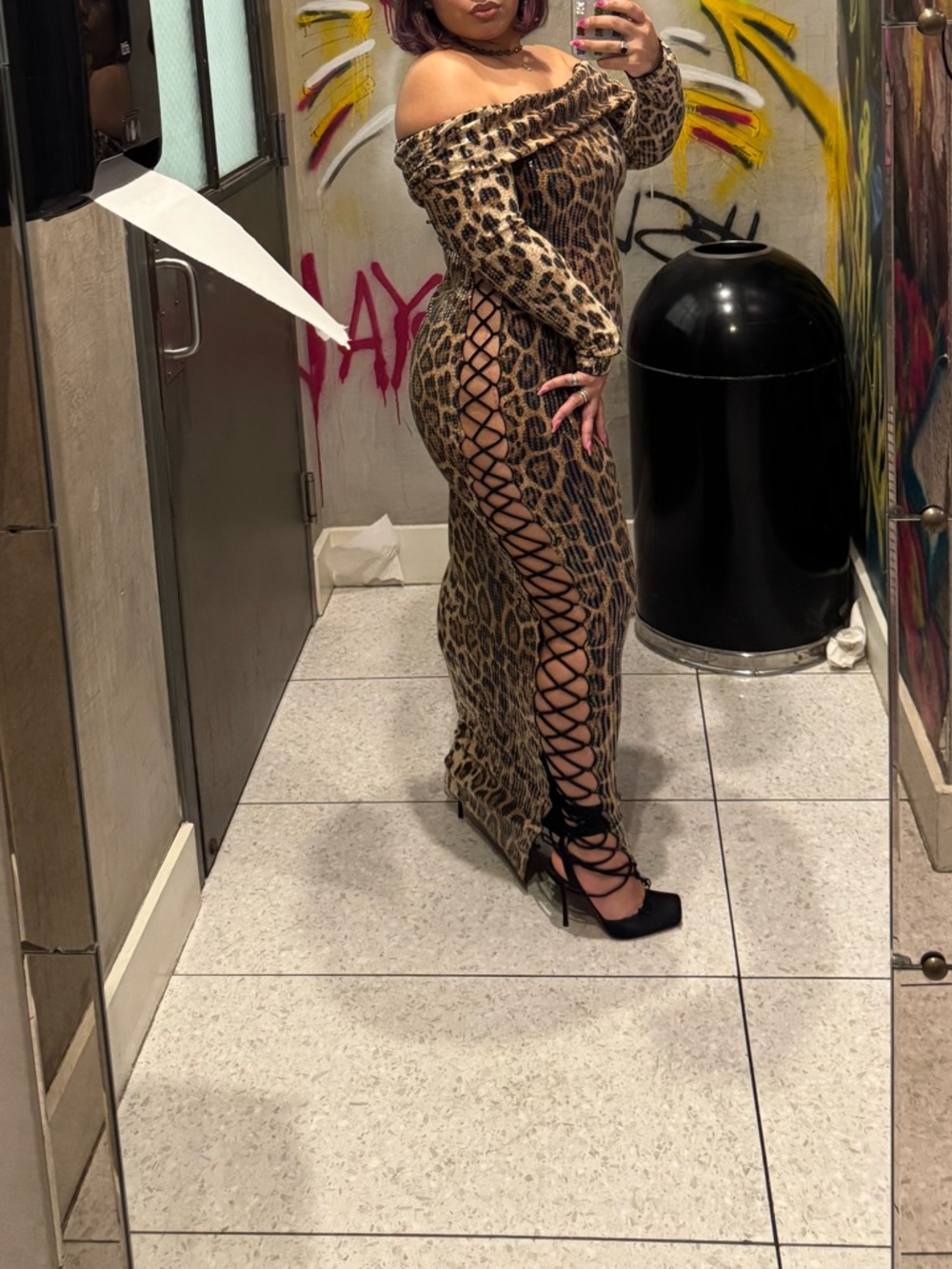 Fashion Nova Leopard Print Off-Shoulder Lace-Up Maxi Dress - Brown - Picture 2 of 3